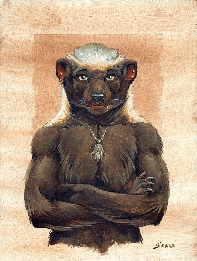 anthro black_body black_fur black_nose breasts chest_tuft ear_piercing ear_ring female fur hair hamsa jewelry necklace nipples nude piercing ring_piercing solo tuft whiskers white_hair scale_(artist) badger honey_badger mammal mustelid musteline traditional_media_(artwork)