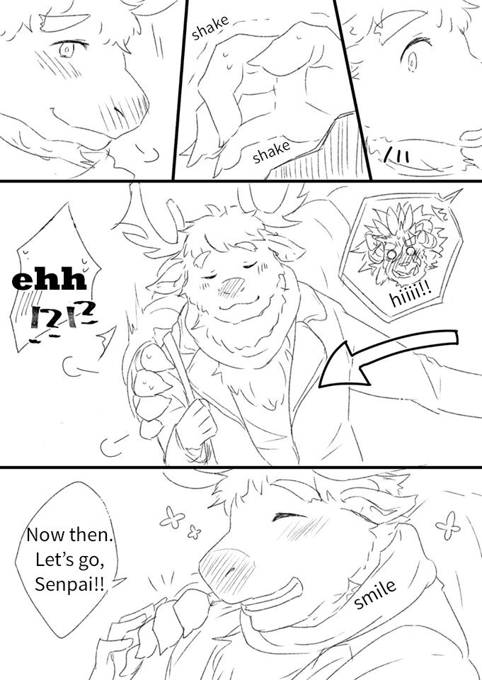 :3 anthro blush clothing coat cuddling horn hover_hand male male/male scarf text topwear nolly_(artist) lifewonders tokyo_afterschool_summoners krampus_(tas) yule_(tas) deer mammal new_world_deer reindeer comic english_text translated