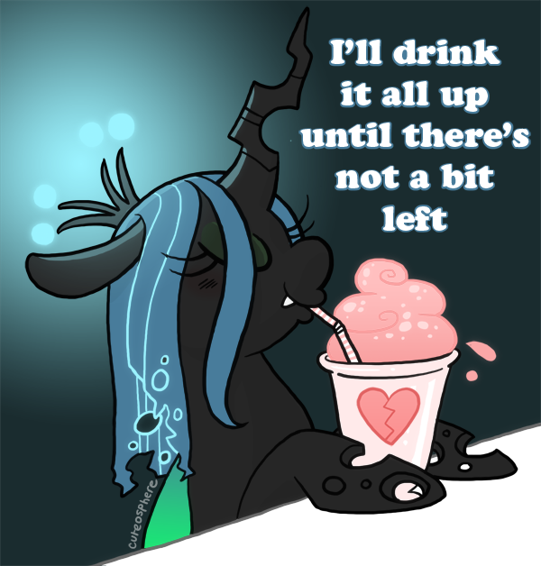 beverage female feral heart_symbol milkshake slightly_chubby solo text cuteosphere friendship_is_magic hasbro my_little_pony queen_chrysalis_(mlp) arthropod changeling 2012 english_text