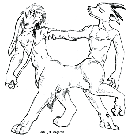 2_heads 2_horns 4_arms 4_fingers 4_legs 4_toes anthro arm_by_side arm_grab cheek_tuft claws collar conjoined conjoined_at_midsection copyright_symbol curved_horn dancing dewclaw digitigrade duo ears_back ears_down entwined_arms eyelids eyes_closed facial_tuft feet finger_claws fingers grabbing_partner hair hindpaw holding_leash holding_object holding_own_leash horn humanoid_hands leash long_ears long_snout male multi_arm multi_head multi_limb navel nude paws pivoted_ears pointy_ears prick_ears quadruped raised_leg rounded_ears simple_background snout standing stuck_together symbol tapering_horn text toe_claws toes tuft whiskers white_background m._bergeron canid canine lagomorph leporid mammal rabbit rear_taur taur two_taur artist_name black_and_white english_text line_art low_res monochrome traditional_media_(artwork)