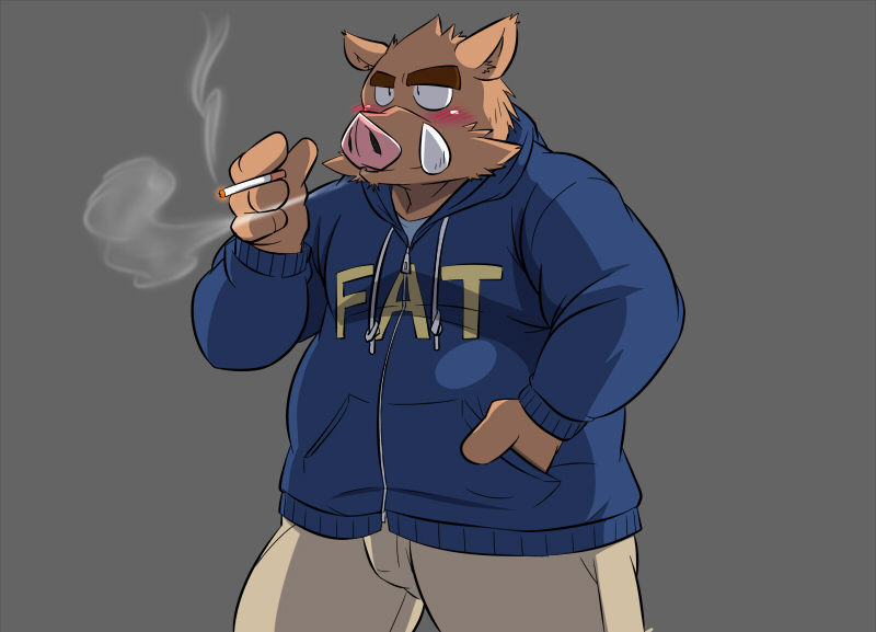 anthro blush bottomwear brown_body brown_fur clothing fur hoodie kemono male overweight overweight_anthro overweight_male pants simple_background solo text text_on_clothing text_on_hoodie text_on_topwear topwear oogamikennta fat_hoodie meme_clothing mammal suid suine sus_(pig) wild_boar 2015 meme