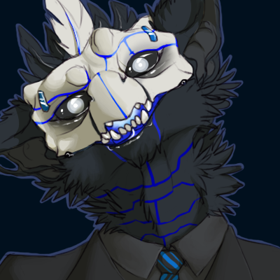 anthro blue_background blue_markings clothed clothing fangs front_view fur grey_body grey_clothing grey_fur grey_topwear looking_at_viewer male markings necktie open_mouth pattern_necktie simple_background solo striped_necktie teeth topwear white_body white_eyes 0ct0m0n0 mythology dragon furred_dragon furred_scalie mythological_creature mythological_scalie scalie 1:1 bust_portrait low_res portrait