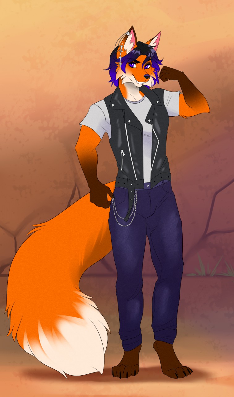 4_toes 5_fingers anthro clothed clothing feet fingers fur hair male orange_body orange_fur purple_eyes purple_hair smile solo toes aimi baxter_mikasa canid canine fox mammal 2020 digital_media_(artwork) hi_res