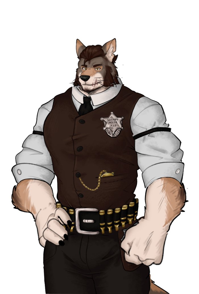 anthro biped black_hair brown_body brown_eyes brown_fur fur grey_body grey_fur hair looking_at_viewer male muscular muscular_anthro muscular_male sheriff solo white_body white_fur mochaenby william_adler canid canine canis coyote mammal 2024