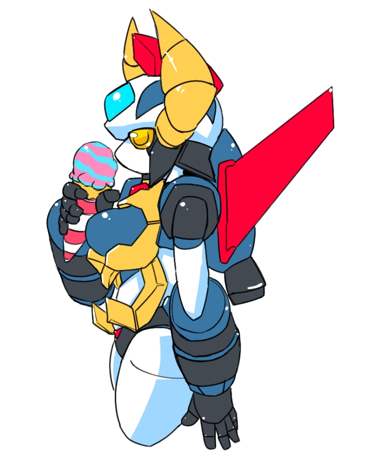 armor breasts dessert fangs female food forehead_gem gem holding_food holding_ice_cream holding_ice_cream_cone holding_object horn ice_cream ice_cream_cone machine metal_wings monotone_background mouthless side_view simple_background solo teeth white_background wings yellow_eyes mecha_marokko gaiking humanoid robot robot_humanoid 2015 4:5