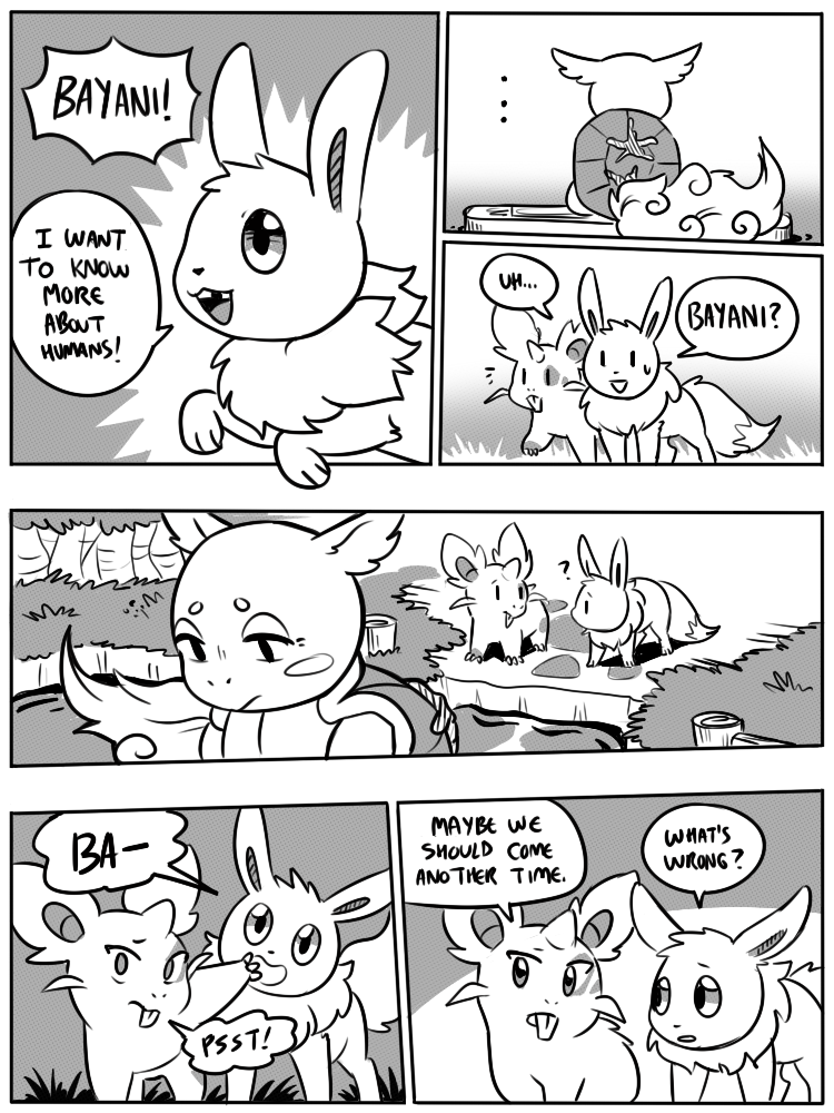 6_panel_comic ambiguous_gender anterior_nasal_aperture anthro black_eyes black_nose black_text dialogue ellipsis exclamation_point feral fluffy fluffy_tail fur grass group horn looking_at_another neck_tuft open_mouth open_smile outside paws plant pupils quadruped question_mark shell sitting smile speech_bubble standing tail talking_to_another teeth text tongue trio tuft water white_sclera flavia-elric nintendo pokemon pokemon_mystery_dungeon spike_chunsoft bayani_(yapc) lux_(yapc) rayne_(yapc) eevee generation_1_pokemon nidoran nidoran♀ pokemon_(species) wartortle 2019 3:4 black_and_white comic digital_media_(artwork) english_text monochrome