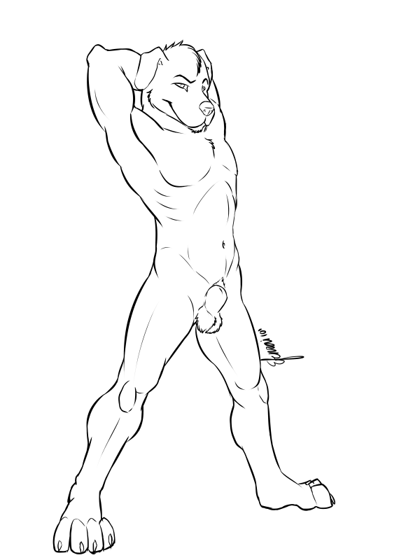 animal_genitalia anthro athletic athletic_anthro athletic_male balls fully_sheathed genitals hands_behind_head looking_at_viewer male nude sheath solo efenrai canid canine canis domestic_dog mammal 3:4 monochrome