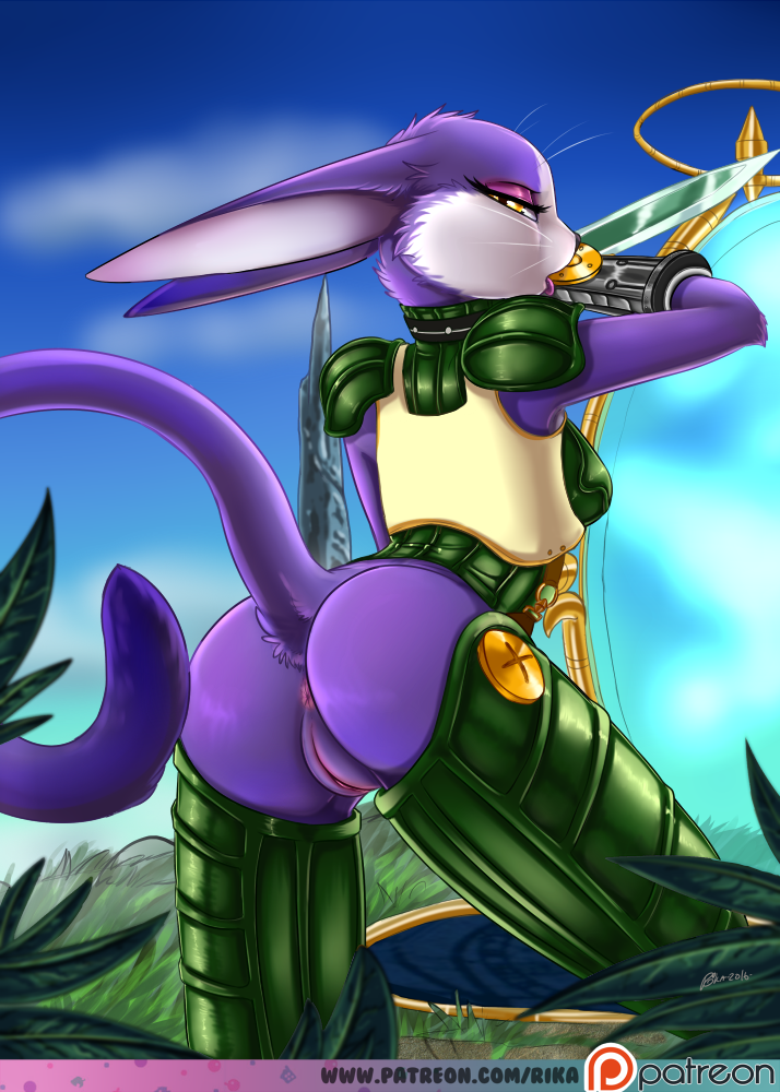 anthro anus armor bent_over big_ears bottomless butt clothed clothing female fur genitals grass knife leaf licking looking_at_viewer looking_back outside patreon_logo plant pose presenting presenting_hindquarters purple_body purple_fur pussy raised_tail rear_view solo tail text tongue tongue_out unconvincing_armor weapon website_logo yellow_eyes rika_(artist) .hack cyberconnect2 patreon mia_(.hack) domestic_cat felid feline felis mammal 2016 digital_media_(artwork) english_text url