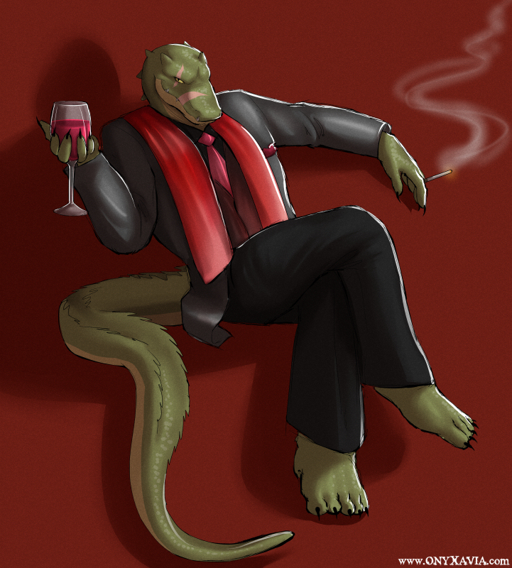 alcohol anthro barefoot bent_legs beverage biped cigarette clothed clothing crossed_legs feet fully_clothed glass grin holding_glass holding_object leg_over_thigh male necktie scar sitting smile smug solo suit wine onyxavia the_spiner kane_ridgescale crocodile crocodilian reptile scalie