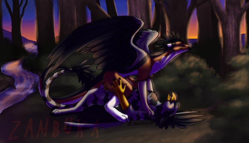 ambiguous_gender beak black_stripes brown_body brown_scales detailed_background duo feathered_wings feathers feral feral_on_feral forest interspecies male nature outside plant river scales sex side_view stripes sunset tree wings wood zambuka mythology phrixus avian dragon gryphon mythological_avian mythological_creature mythological_scalie scalie digital_media_(artwork)