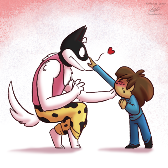 ambiguous_gender animal_print anthro black_body black_fur bodily_fluids clothing cow_print crouching duo fur heart_symbol male petting shirt simple_background surprise sweat tank_top topwear white_body white_fur young piranhartist undertale undertale_(series) doggo_(undertale) frisk_(undertale) canid canine canis domestic_dog human mammal 1:1