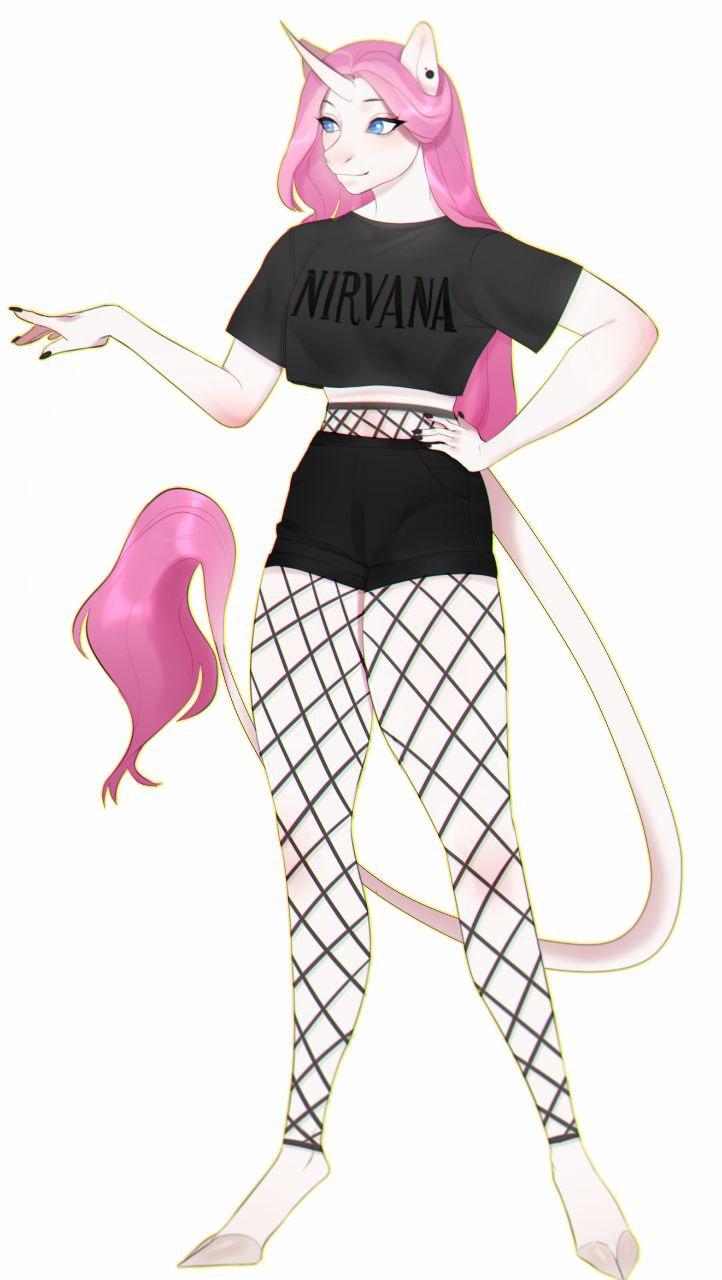 anthro bottomwear clothing cloven_hooves colored_nails costume crop_top ear_piercing female fishnet_clothing fishnet_legwear hooves horn legwear nails nirvana_logo piercing shirt shorts solo stockings topwear nikumu mythology jay_(jackthespartan) equid equine mammal mythological_creature mythological_equine unicorn hi_res