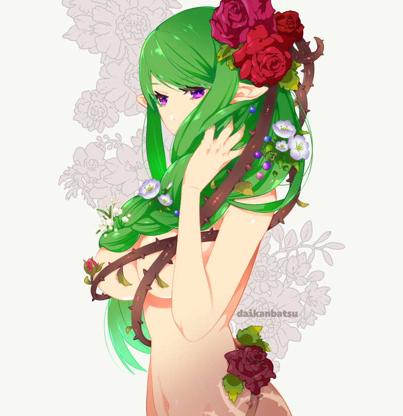 accessory art_nouveau big_breasts braided_hair breasts eyelashes female flower flower_in_hair green_hair hair hair_accessory humanoid_pointy_ears long_hair navel not_furry nude plant pointy_ears purple_eyes solo vines daikanbatsu terraria dryad_(terraria) dryad humanoid