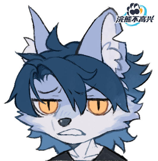 black_nose blue_body blue_hair disturbed hair half-closed_eyes inner_ear_fluff logo male multicolored_body narrowed_eyes short_hair solo teeth tuft two_tone_body white_body yellow_eyes tailesi unhappy_raccoon caenis_(unhappy_raccoon) canid canine canis mammal wolf bust_portrait portrait