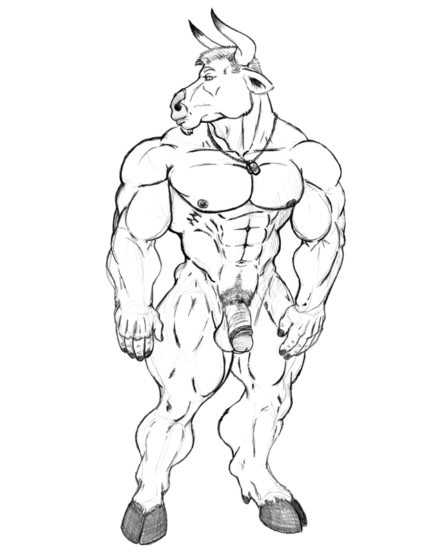 abs anthro balls biceps big_muscles biped circumcised dog_tags facial_hair flaccid fur genitals goatee hooves horn humanoid_genitalia humanoid_penis jewelry male muscular muscular_anthro muscular_male necklace nipples nude pecs penis pose presenting pubes simple_background solo standing sudonym bovid bovine cattle mammal monochrome sketch