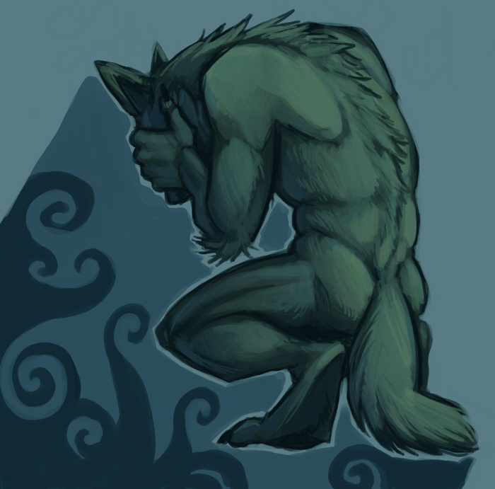 abstract_background anthro athletic athletic_anthro athletic_male black_body black_fur butt claws crouching digitigrade facepalm feet fur male nude simple_background soles solo tail toe_claws airu canid canine canis mammal wolf 2010 cool_colors teal_theme