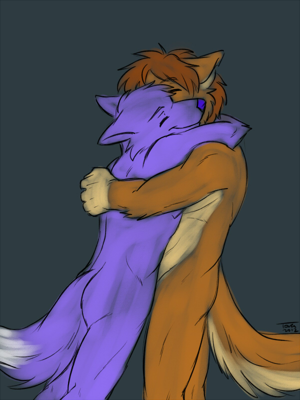 anthro brown_body brown_fur brown_hair duo eyes_closed fur grey_background hair hug male nude purple_body purple_fur romantic romantic_couple simple_background tail toraneko wolingopaws andy_dingo_wolf lynx_softpaw canid canine canis dingo domestic_dog hybrid mammal wolf 2012 3:4