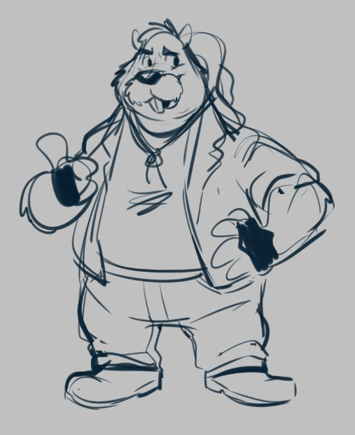 anthro biped bottomwear clothing hat headgear headwear male pants shirt simple_background slightly_chubby solo topwear piti_yindee brok_the_investigator cowcat_games tramp_(brok_the_investigator) cricetid mammal muskrat rodent 2023 sketch