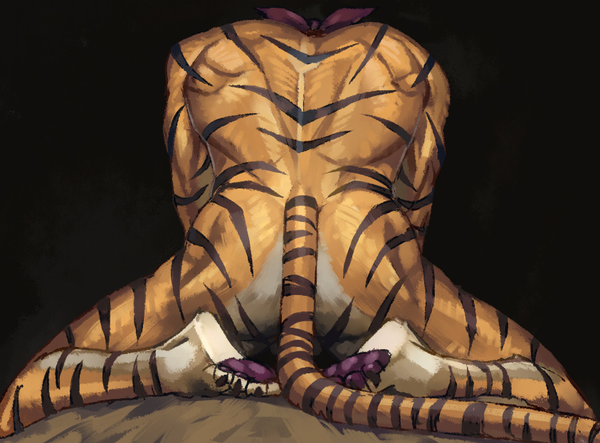 anthro back_muscles backsack balls bandanna_on_forehead barely_visible_balls barely_visible_genitalia butt feet genitals kerchief male muscular muscular_male pawpads solo tail inubikko dan_smith_(inubikko) felid mammal pantherine tiger digital_media_(artwork)