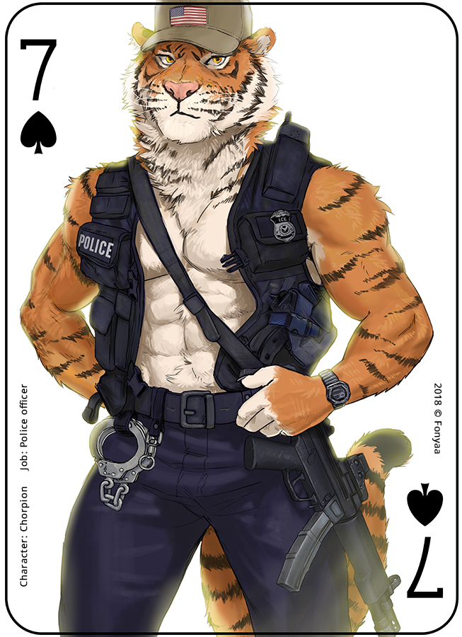 anthro badge belt black_body black_fur bottomwear card card_template clock clothed clothing copyright_symbol cuff_(restraint) fur gun handcuffs handgun hat headgear headwear holster looking_at_viewer male metal_cuffs mp5 muscular muscular_anthro muscular_male orange_body orange_fur pants pink_nose pistol playing_card playing_card_template police pouches ranged_weapon restraints seven_of_spades shackles simple_background solo spades_(suit) standing stripes submachine_gun suit_symbol symbol text text_on_clothing text_on_topwear text_on_vest topwear uniform vest watch weapon whiskers white_background white_body white_fur wristwatch yellow_eyes fonyaa chorpion felid mammal pantherine tiger 2018 english_text