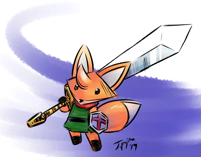 ambiguous_gender big_ears clothed clothing melee_weapon shield shirt solo sword topwear tunic weapon j-fujita tunic_(video_game) ruin_seeker canid canine fox mammal