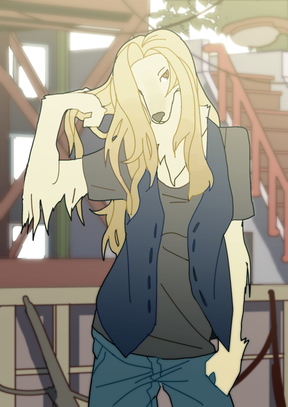 anthro black_nose blonde_hair blue_bottomwear blue_clothing blue_pants bottomwear breasts building clothed clothing day denim denim_bottomwear denim_clothing detailed_background female fluffy fully_clothed fur hair hair_over_eye hand_in_hair jeans kemono leaf long_fur long_hair looking_at_viewer messy_hair monotone_body monotone_fur monotone_hair neck_tuft one_eye_obstructed outside pants plant pose shirt sky snout solo stairs standing t-shirt tan_body tan_fur tomboy topwear touching_hair tree tuft vest white_body white_fur yellow_eyes taracod canid canine canis domestic_dog hunting_dog mammal saluki sighthound portrait three-quarter_portrait