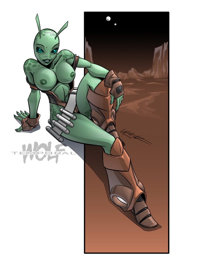 antennae_(anatomy) areola breasts clothed clothing female green_body green_skin looking_at_viewer nipples not_furry partially_clothed pose sitting solo temporalwolf jai'lee_(temporalwolf) alien alien_humanoid humanoid 2011 full-length_portrait pinup portrait