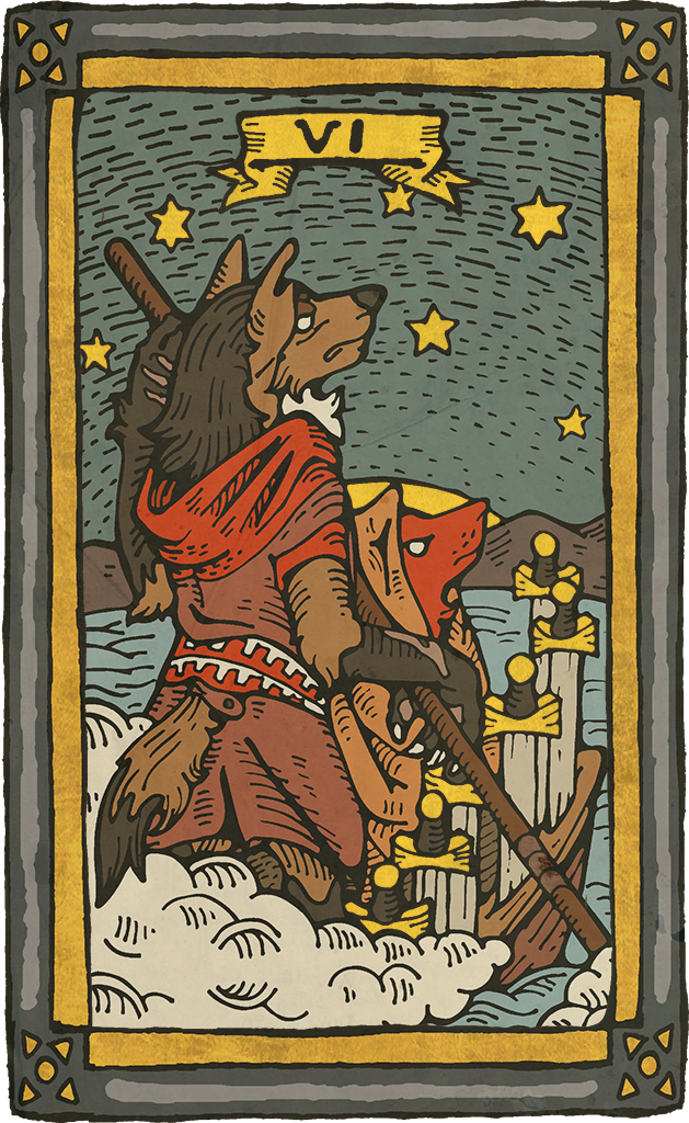 boat brown_body brown_fur card card_template clothed clothing duo fortune_telling fur hair looking_up melee_weapon minor_arcana outside red_body red_fur roman_numeral scar six_of_swords_(tarot) sky standing star sword swords_(tarot) tarot tarot_card vehicle watercraft weapon musorok canid canine canis domestic_dog german_shepherd herding_dog mammal pastoral_dog 2018