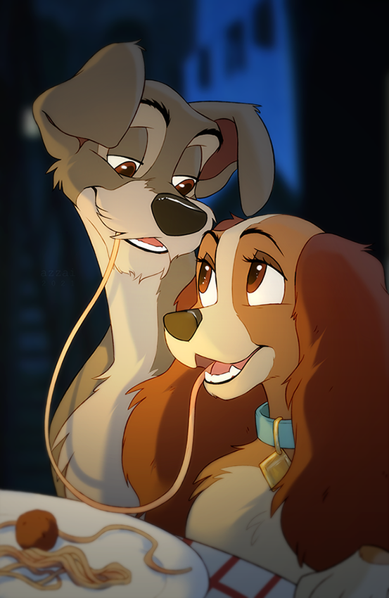 blue_collar brown_body brown_eyes brown_fur canon_couple collar duo eating eye_contact eyelashes female female_feral feral feral_on_feral food fur grey_body grey_fur intraspecies looking_at_another male male/female male_feral markings meatball pasta plate scene_interpretation spaghetti azzai disney lady_and_the_tramp tramp_(lady_and_the_tramp) american_cocker_spaniel bird_dog canid canine canis cocker_spaniel domestic_dog hunting_dog mammal spaniel 2021 shaded