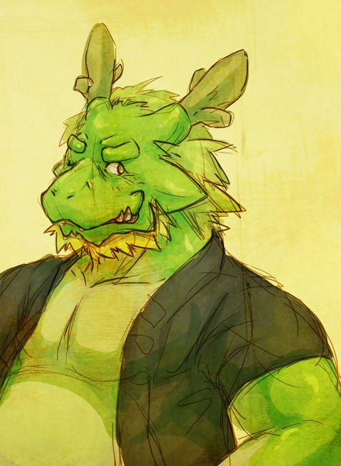 anthro beard black_clothing black_topwear clothed clothing facial_hair green_body green_skin horn male mane mature_male multicolored_body multicolored_skin open_clothing open_shirt open_topwear shirt smile snaggle_tooth solo topwear two_tone_body two_tone_skin sirokitten asian_mythology east_asian_mythology morenatsu mythology tappei_(morenatsu) dragon eastern_dragon mythological_creature mythological_scalie scalie 2010 colored green_theme
