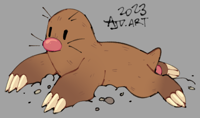 ambiguous_feral ambiguous_gender brown_body brown_fur claws dot_eyes feet feral fur grey_back lying on_front pawpads paws pink_pawpads quadruped red_nose short_tail solo tail whiskers white_claws flipside nintendo pokemon fan_character diglett generation_1_pokemon mammal pokemon_(species) 2023 dated signature