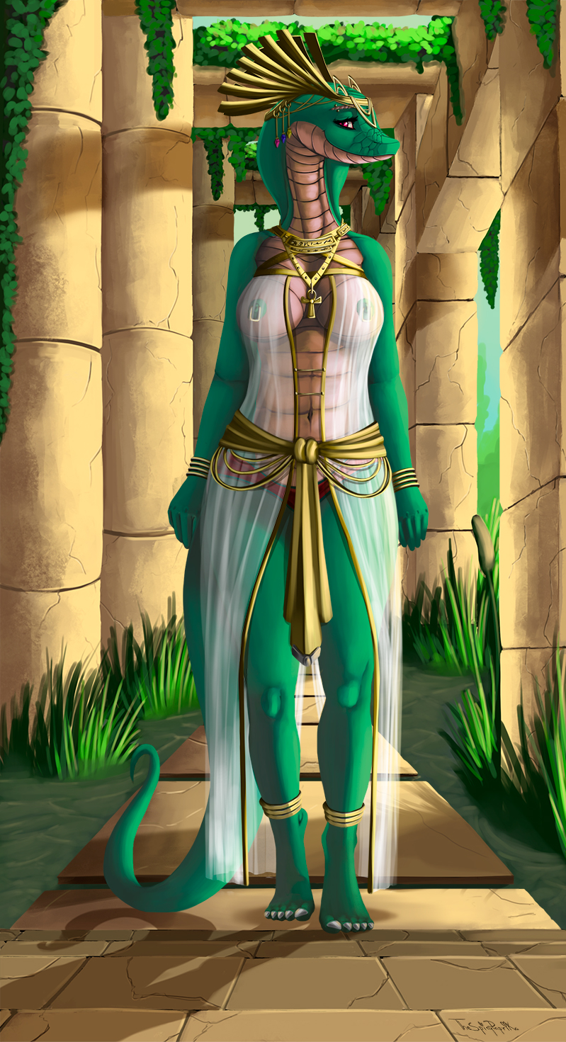 ankh anthro breasts circlet clothed clothing day egyptian female jewelry moss nipple_piercing nipples non-mammal_breasts outside piercing plant red_eyes smile solo thespicypaprika reptile scalie snake hi_res signature sketch