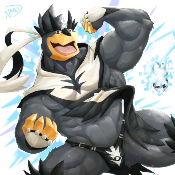 abs anthro biceps biped black_body black_fur fur glistening glistening_body looking_at_viewer male muscular muscular_anthro muscular_male muscular_thighs navel open_mouth pecs quads simple_background smile solo standing naruever nintendo pokemon generation_8_pokemon legendary_pokemon pokemon_(species) urshifu 1:1 signature