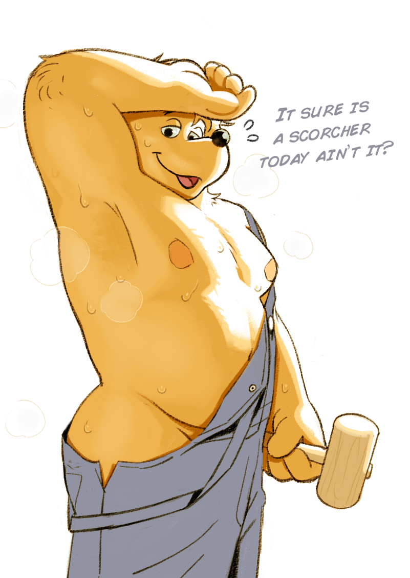 anthro belly bodily_fluids clothed clothing hammer looking_at_viewer male mature_anthro mature_male moobs musclegut muscular nipples overalls_only overweight overweight_anthro overweight_male partially_clothed solo sweat text tools mezcal_(artist) shoegays-art berenstain_bears papa_bear bear mammal