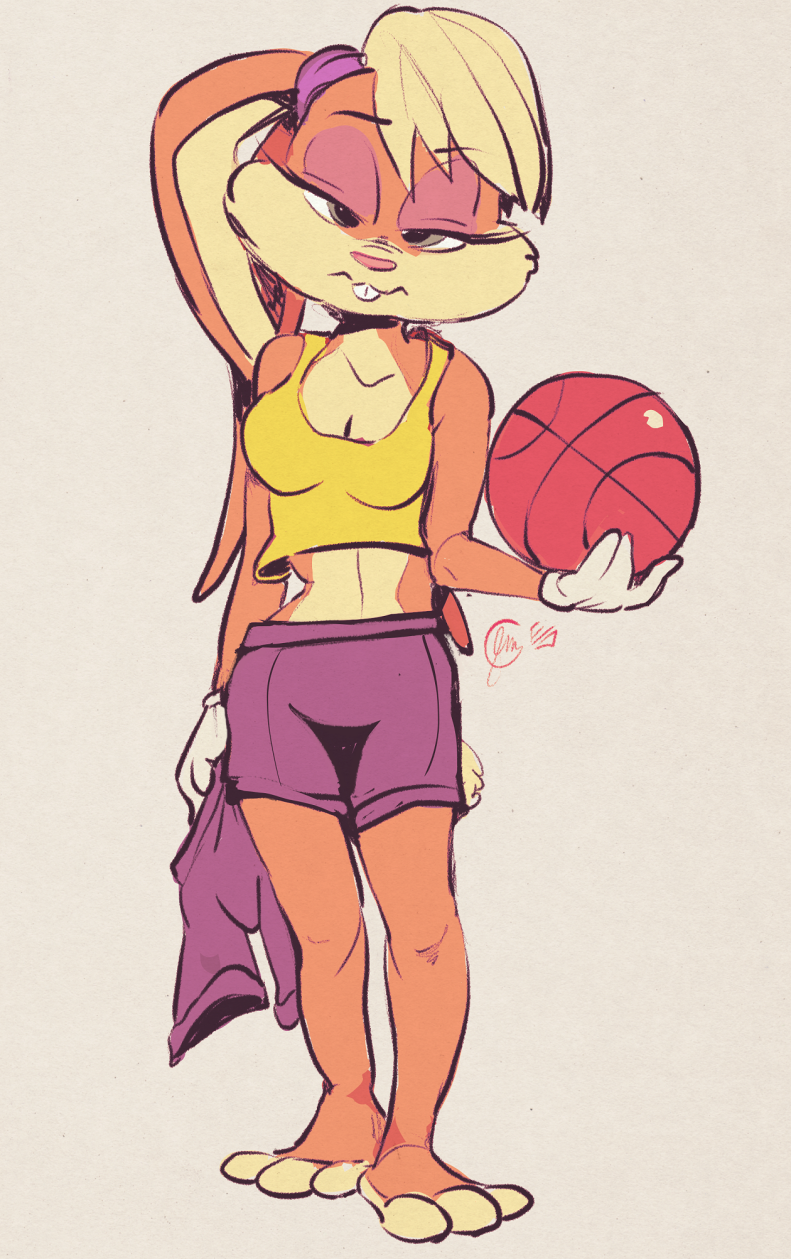 3_toes anthro ball barefoot basketball_(ball) basketball_uniform bottomwear clothing feet female holding_bottomwear holding_clothing holding_object holding_shorts midriff paws plantigrade shirt shorts solo sportswear tank_top toes topwear uniform edtropolis looney_tunes warner_brothers lola_bunny lagomorph leporid mammal rabbit 2018 hi_res