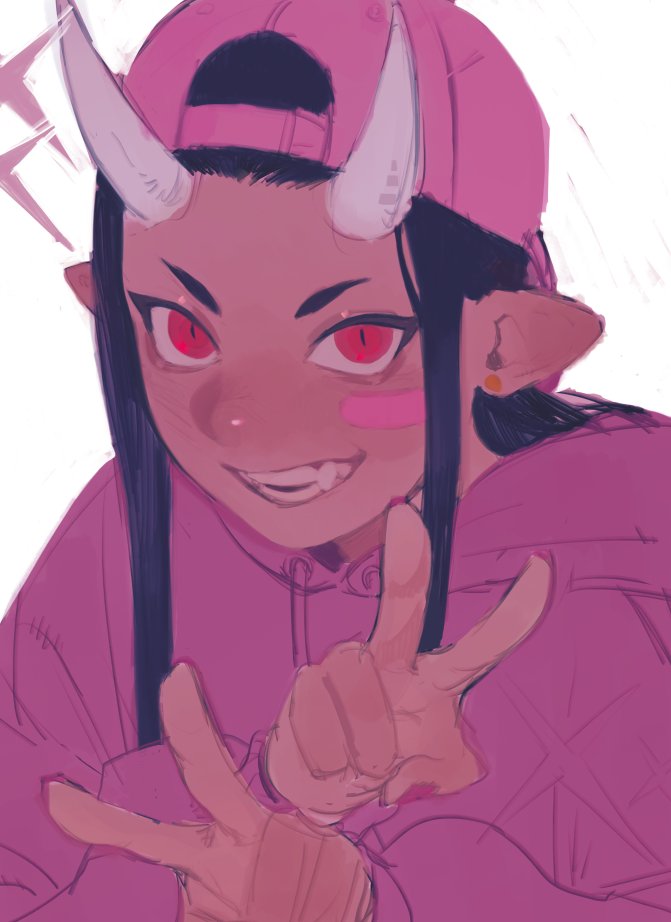 black_hair blush clothed clothing fangs female gesture hair hand_gesture hat headgear headwear hoodie horn humanoid_pointy_ears humanoidized not_furry pointy_ears red_eyes simple_background smile solo sparkles teeth topwear v_sign white_background ama_a93 qsmp leonarda_(qsmp) horned_humanoid humanoid pink_theme sketch unfinished nonbinary_(lore) young_(lore)