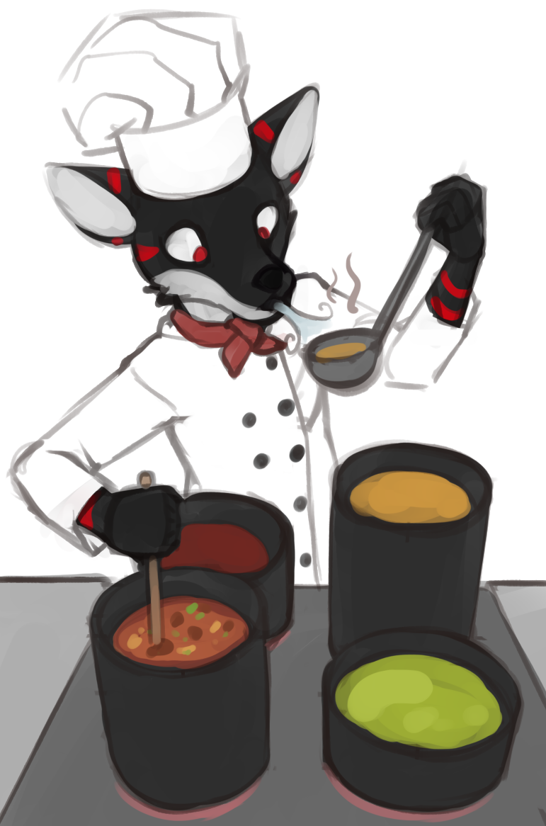 anthro appliance blowing chef chef_hat clothed clothing cooking food hat headgear headwear holding_object kitchen_utensils ladle male scarf simple_background solo soup stove tools white_background white_clothing marsminer canid canine canis mammal wolf