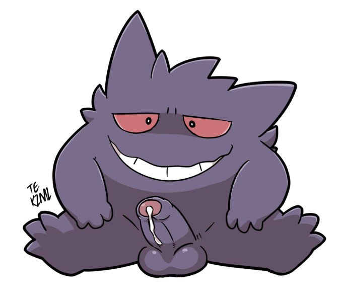 balls bodily_fluids erection foreskin genital_fluids genitals humanoid_genitalia humanoid_penis male penis precum purple_body red_eyes simple_background smile solo white_background tekimi nintendo pokemon generation_1_pokemon gengar pokemon_(species) signature