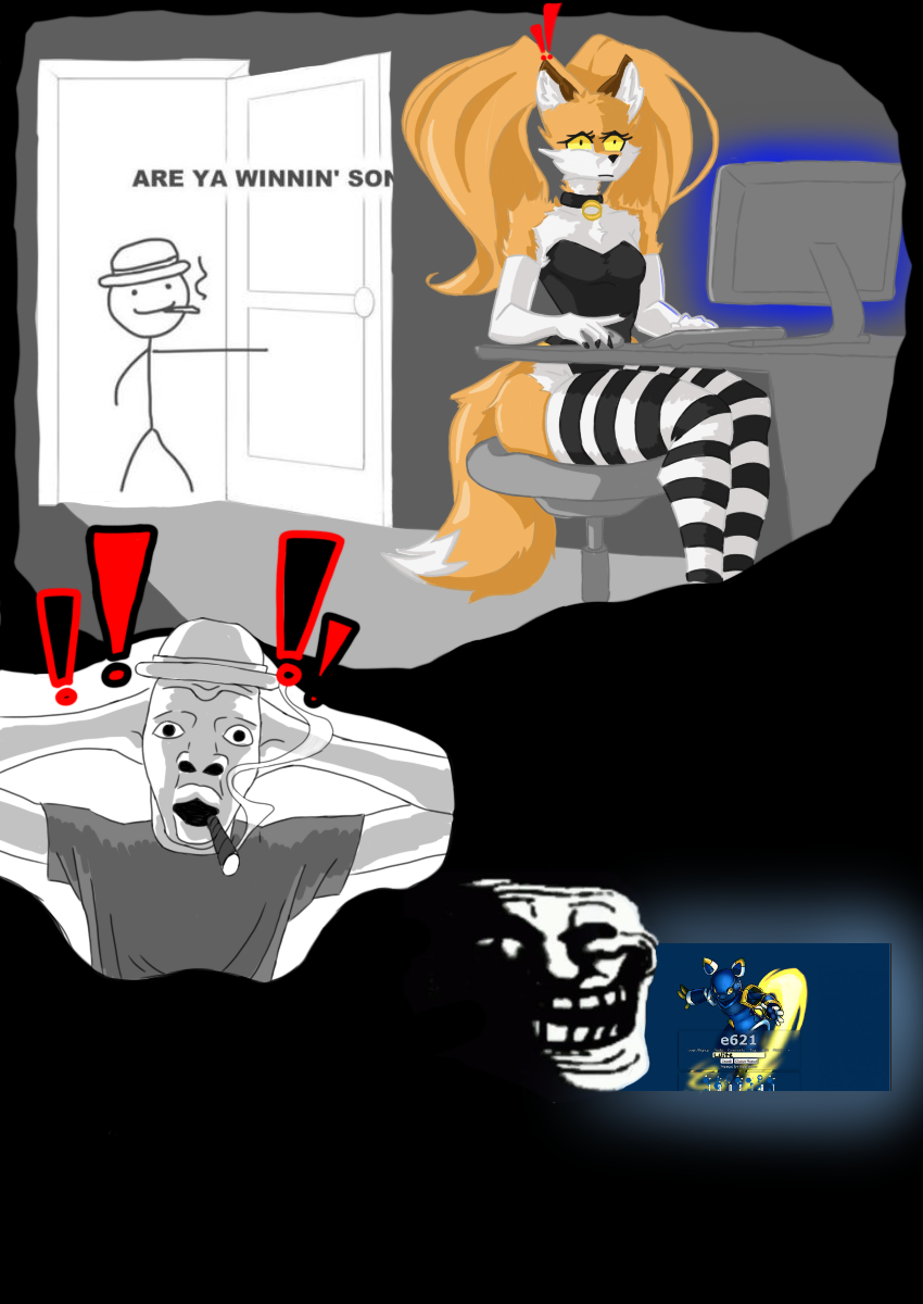 anthro cigar clothing computer desk devious_grin disappointed_parental_figure electronics femboy furniture hair legwear male ponytail shocked sitting stool table thick_thighs thigh_highs trollface luite are_ya_winning_son? e621 canid canine fox human humanoid mammal hi_res meme