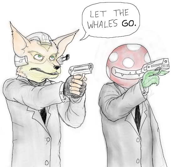 anthro anthrofied clothed clothing duo environmentalism gun handgun holding_gun holding_object holding_ranged_weapon holding_weapon male necktie plant ranged_weapon smile suit weapon fredryk_phox mario_bros nintendo paintchat star_fox fox_mccloud canid canine elemental_creature flora_fauna fox mammal piranha_plant crossover