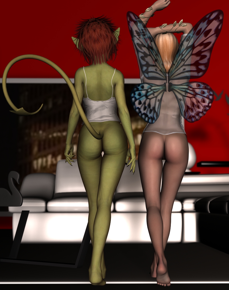 bottomless butt clothed clothing duo feet female furniture hair insect_wings inside not_furry petals raised_arm rear_view red_hair sofa walking wall_(structure) wide_hips wings vic34677 eas tempest fairy imp 3d_(artwork) digital_media_(artwork)