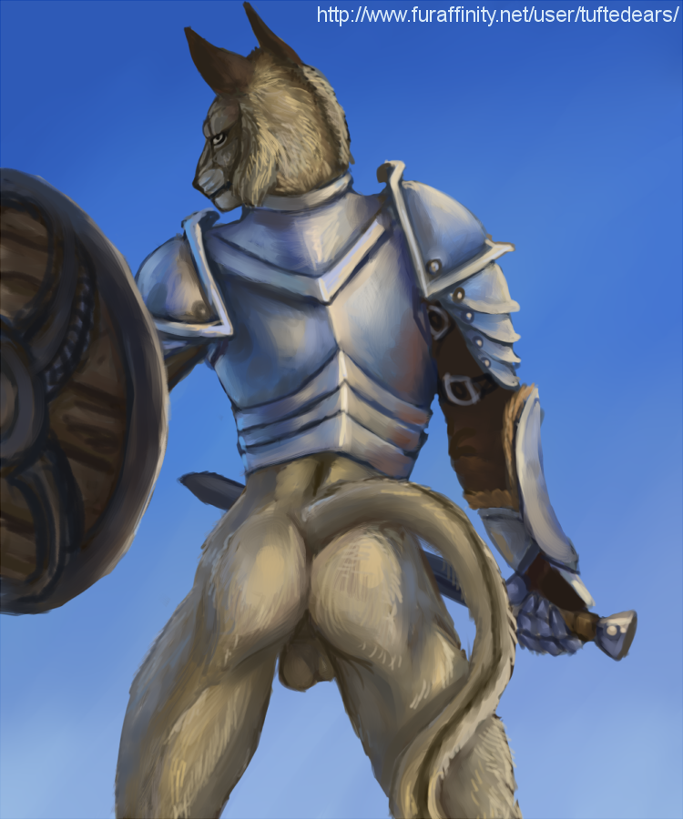 anthro armor backsack balls biped blue_background bottomless breastplate butt butt_pose cheek_tuft clothed clothing facial_tuft fur gauntlets genitals gloves gradient_background handwear looking_at_viewer looking_back male melee_weapon outside pose rear_view shield shoulder_guards simple_background solo spread_legs spreading standing sword tail tail_aside text tuft warrior weapon tuftedears bethesda_game_studios microsoft skyrim the_elder_scrolls kharjo felid khajiit mammal 5:6 pinup portrait three-quarter_portrait url