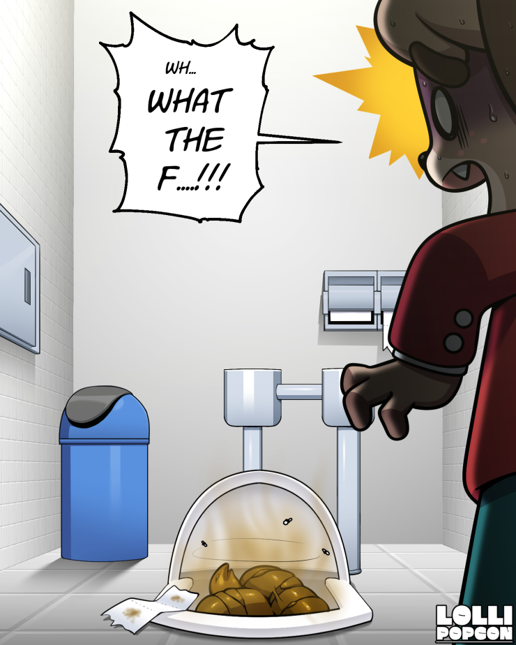 anthro biped bodily_fluids bottomwear brown_body clothed clothing dialogue feces feces_pile green_bottomwear green_clothing green_pants male pants red_clothing red_shirt red_topwear scatplay shirt speech_bubble squat_toilet sweat text toilet topwear urinal lollipopcon animal_crossing nintendo digby_(animal_crossing) canid canine canis domestic_dog mammal