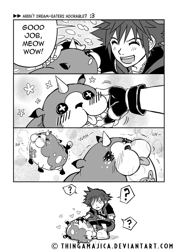 :3 dancing duo heart_symbol meow text thingamajica disney kingdom_hearts square_enix sora_(kingdom_hearts) dream_eater human mammal meow_wow spirit spirit_dream_eater comic greyscale monochrome url