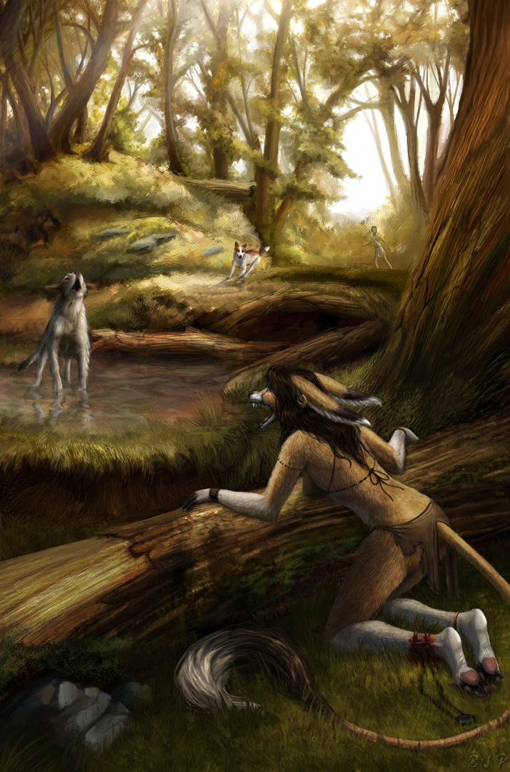 action_pose anthro barking biped blood bodily_fluids bottomwear bra bright clothed clothing day detailed_background ear_piercing ear_ring ears_back female feral forest forest_background fur furgonomics gold_ear_ring grass group hunted hunting hunting_with_dogs kneeling light log loincloth male moss nature nature_background outside photorealism piercing pivoted_ears plant pose quadruped ring_piercing roots scared skimpy sky slim snare_trap snarling standing sunlight tail tail_tuft toga trap_(contrivance) trapped tree tribal tuft underwear white_sky wood wounded bjpentecost canid canine canis domestic_dog human mammal detailed digital_media_(artwork) digital_painting_(artwork)