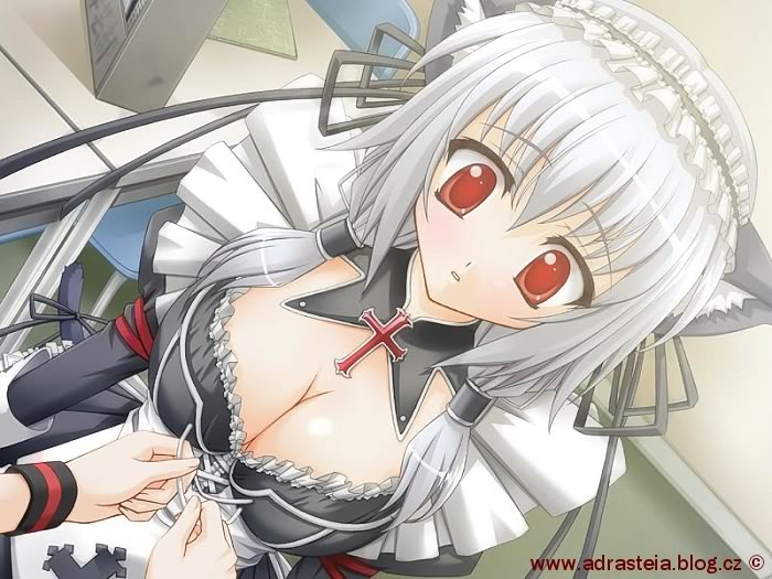 blush breasts clothing cross duo female grey_hair hair maid_uniform pointed_cross red_eyes solo_focus uniform takeumi_mahiro animal_humanoid cat_humanoid felid felid_humanoid feline feline_humanoid human humanoid mammal mammal_humanoid 4:3