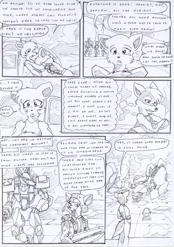 anthro armor bad_news bodily_fluids bottomwear bullet bullet_belt car clothing crossed_arms debris destruction dialogue door female fur furgonomics group gun gun_arm hair hand_in_pocket hand_on_hip hand_on_own_hip hands_on_shoulders hug looking_at_another looking_at_partner looking_down machine male military_helmet military_uniform multicolored_body multicolored_fur open_door open_mouth pants pockets power_armor ranged_weapon rifle sad shirt smoke speech_bubble tank_top tears text thinking thought_bubble thoughtful_expression topwear two_tone_body two_tone_fur uniform vehicle weapon worried kitfox-crimson stolen_generation novus_(kitfox-crimson) ringo_(kitfox-crimson) rumour_(kitfox-krimson) canid canine dasyuromorph felid feline kangaroo macropod mammal marsupial recently_extinct_species thylacine black_and_white comic english_text monochrome sketch