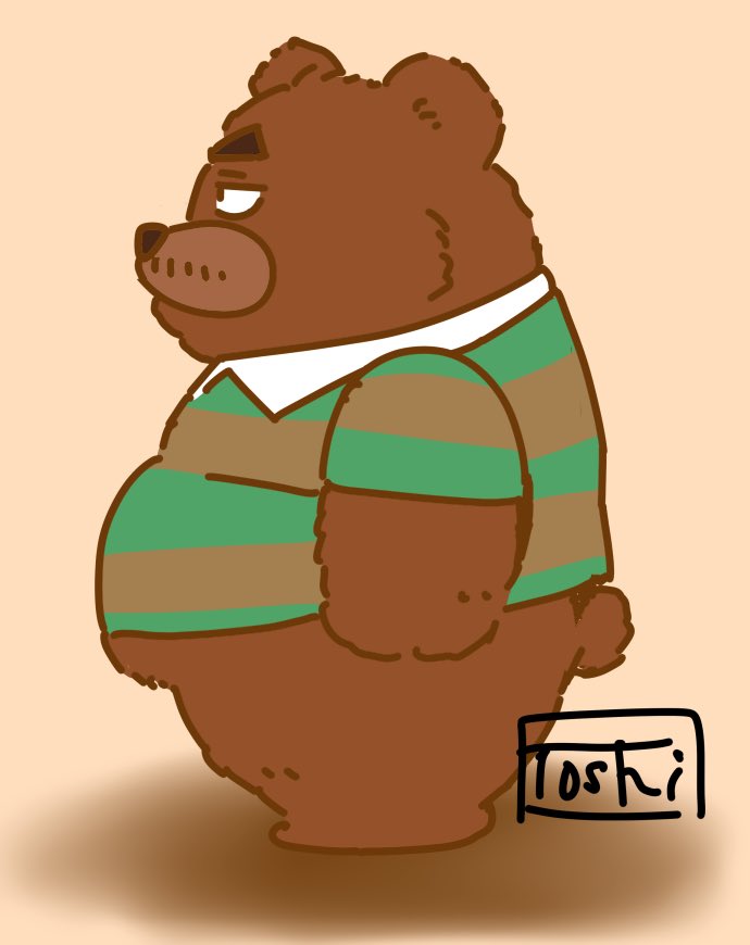 anthro belly black_nose brown_body brown_fur clothing fur kemono male overweight overweight_male rugby rugby_uniform shirt simple_background solo topwear toshi_(artist) kumalino sanrio roast_(kumalino) bear mammal 2022