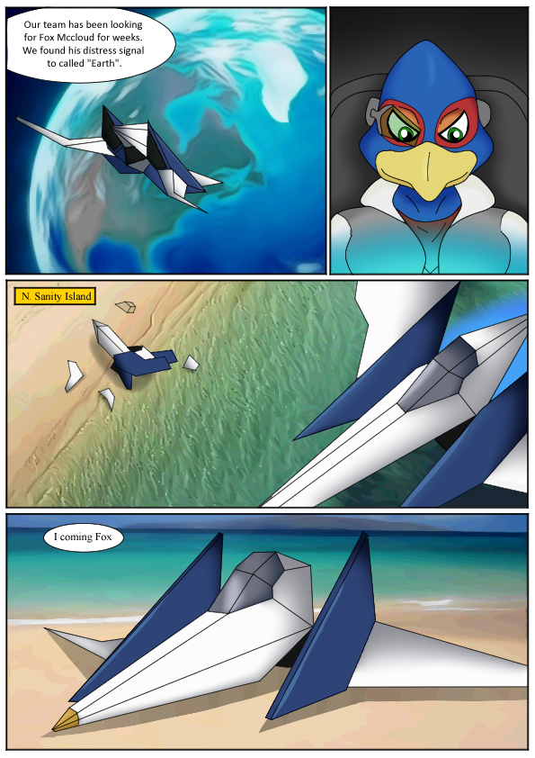 aircraft arwing beach border clothing earth male planet solo space text vehicle white_border ciel-wolf nintendo star_fox falco_lombardi avian bird comic english_text