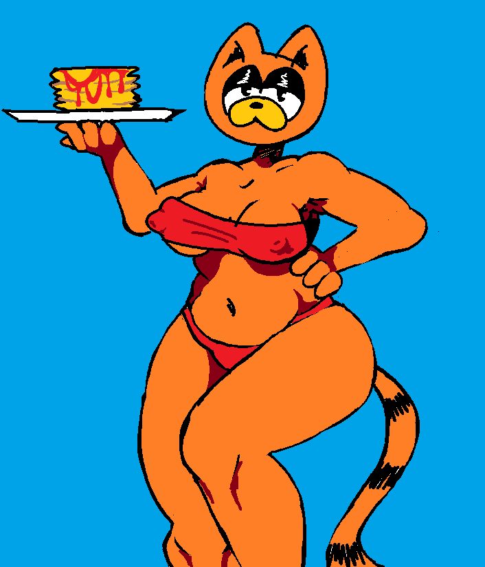 belly big_butt blue_background breasts butt clothing crossgender eyelashes female food fur lasagna navel nipple_outline nipples_visible_through_clothing orange_body orange_fur pasta red_clothing simple_background solo tail tray mevka_(artist) garfield_(series) garfield_the_cat domestic_cat felid feline felis mammal